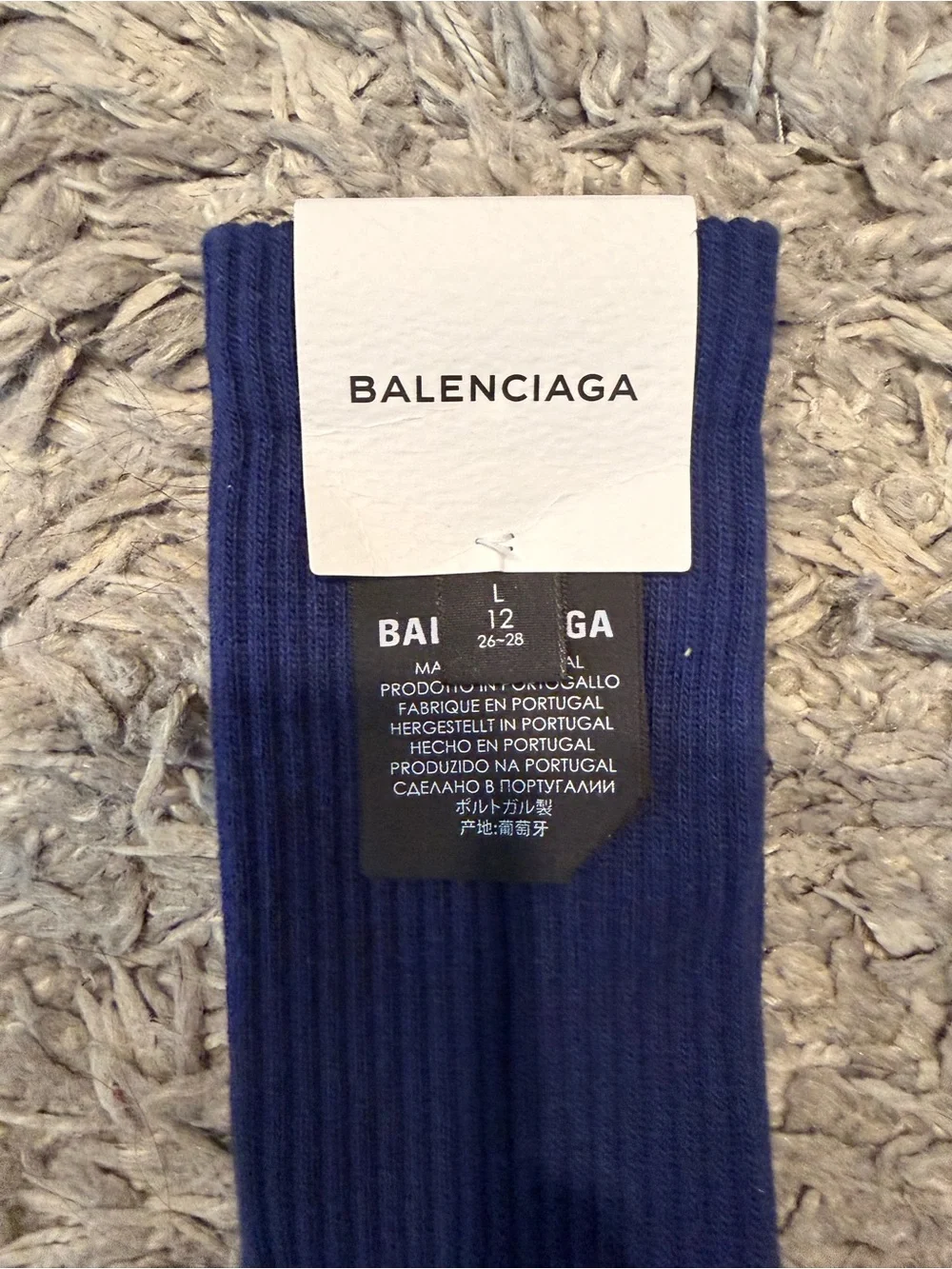Balenciaga Men’s Crew Socks in Navy Blue with Black Logo